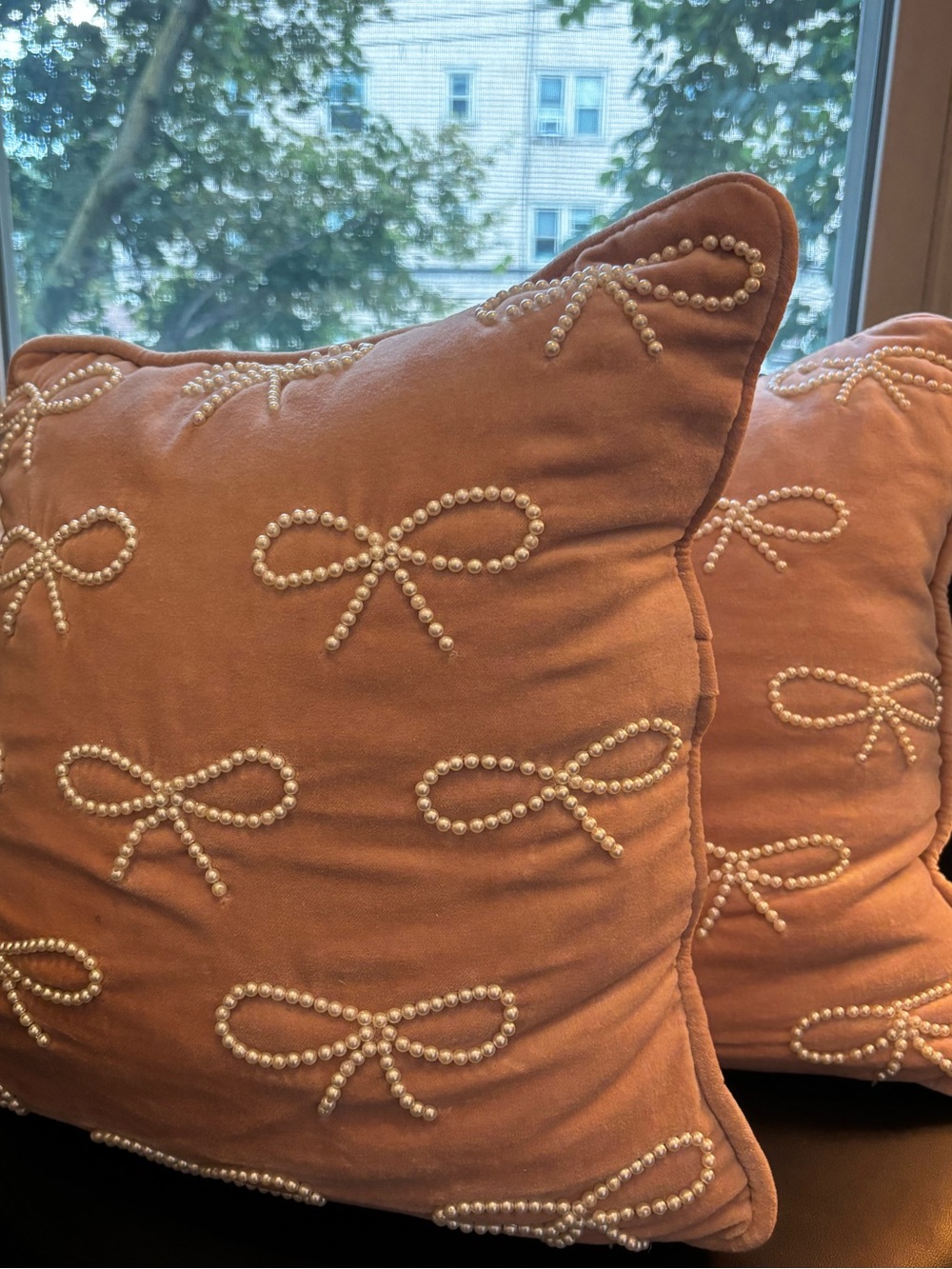 Blush Pink Bow Accent Pillow with Pearl Embroidery